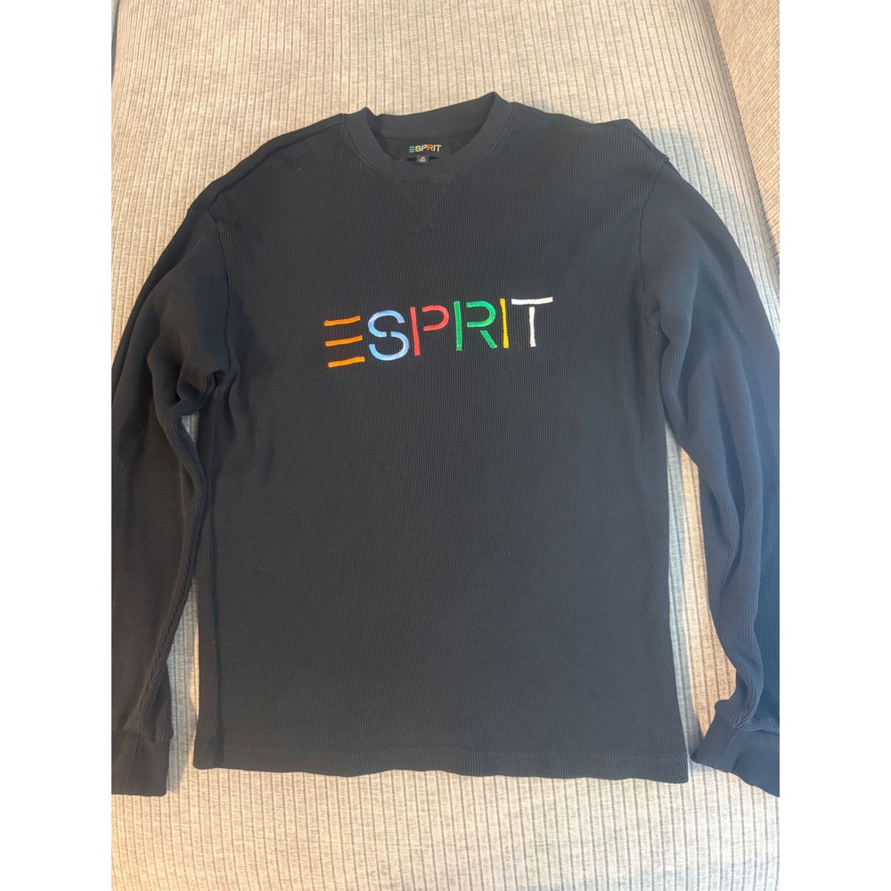 Esprit Womens Waffle Knit Thermal Long Sleeve Shirt Black Embroidered Logo M